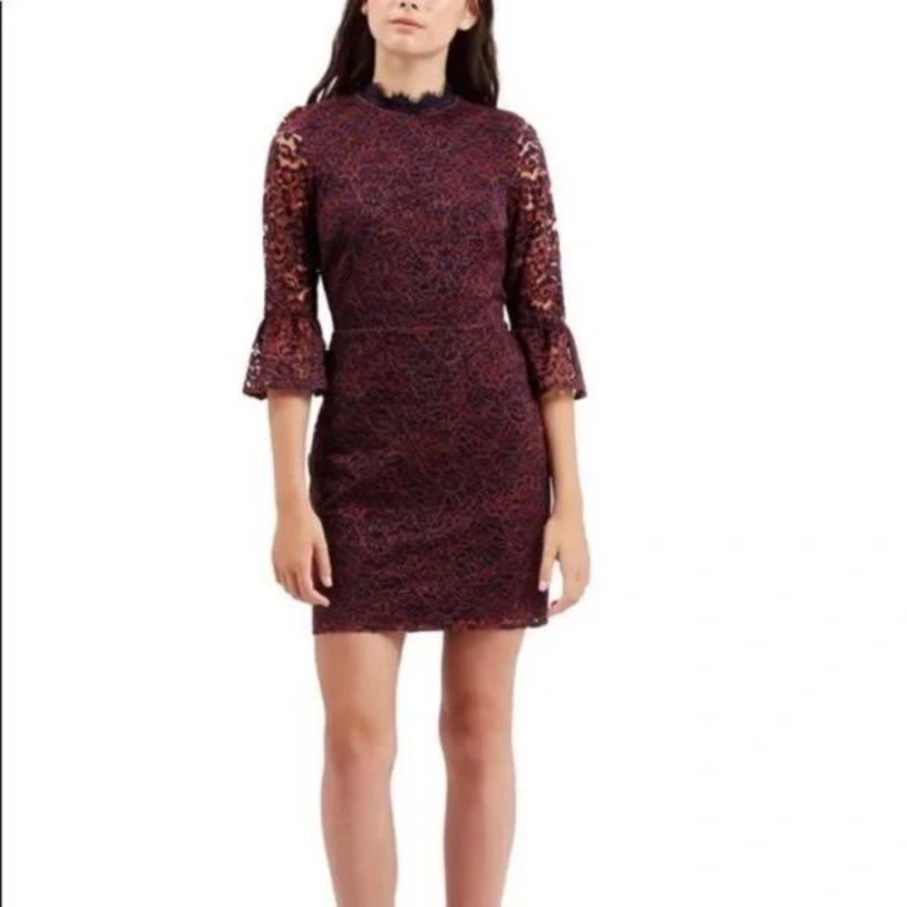 TopShop Women's 6 Navy and Orange Mock Neck Bell Sleeve Floral Lace Mini Dress